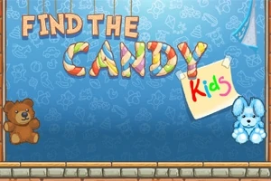 Texten Find the Candy Kids i färgglada bokstäver med en nalle och en blå plyschkanin på en blå bakgrund