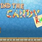 Texten Find the Candy Kids i färgglada bokstäver med en nalle och en blå plyschkanin på en blå bakgrund