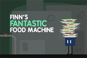 Tecknad figur bär flera tallrikar med mat bredvid texten Finns Fantastic Food Machine på en mörkgrön bakgrund