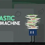 Tecknad figur bär flera tallrikar med mat bredvid texten Finns Fantastic Food Machine på en mörkgrön bakgrund