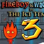 Två tecknade figurer, en röd med eldliknande hår och en blå med vattenliknande hår, står framför en grå bakgrund med texten Fireboy & Watergirl in The Ice Temple 3