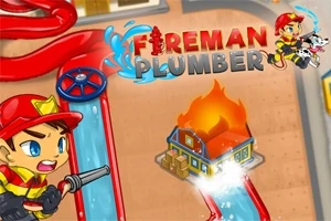 Tecknad brandman släcker en eld vid ett hus med vattenrör i ett färgglatt spelmotiv