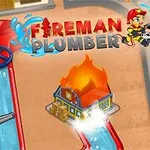 Tecknad brandman släcker en eld vid ett hus med vattenrör i ett färgglatt spelmotiv