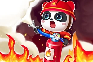 En tecknad panda i brandmanskläder använder en brandsläckare för att bekämpa eldslågor