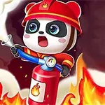 En tecknad panda i brandmanskläder använder en brandsläckare för att bekämpa eldslågor