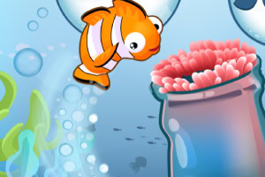 En tecknad orange clownfisk simmar mot en färgglad havsanemon i en undervattensvärld med bubblor och växter