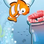 En tecknad orange clownfisk simmar mot en färgglad havsanemon i en undervattensvärld med bubblor och växter