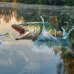 En gädda som hoppar upp ur vattnet för att jaga en mindre fisk vid en spegelblank sjö