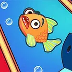En tecknad bild av en förvånad guldfisk med stora ögon och ett blått fartyg i närheten, omgiven av bubblor