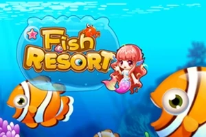 Tecknad scen under vattnet med en rödhårig sjöjungfru, två orange clownfiskar och texten Fish Resort