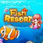 Tecknad scen under vattnet med en rödhårig sjöjungfru, två orange clownfiskar och texten Fish Resort
