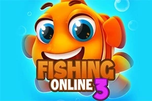 En glad orange fisk med stora ögon och texten Fishing Online 3 på en blå bakgrund med bubblor