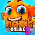 En glad orange fisk med stora ögon och texten Fishing Online 3 på en blå bakgrund med bubblor