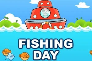 Tecknad bild av en röd ubåt ovanför vattenytan med färgglada fiskar under, mot en blå bakgrund med texten FISHING DAY