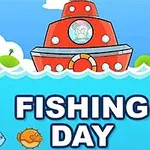 Tecknad bild av en röd ubåt ovanför vattenytan med färgglada fiskar under, mot en blå bakgrund med texten FISHING DAY