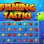 Två glada tecknade fiskar omger en spelplan fylld med flerfärgade fiskar under texten Fishing Tactics