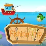 En tecknad bild av en liten röd fiskebåt med en person som fiskar, en grön fisk i vattnet och en skylt med texten Fishing Trip under vattnet
