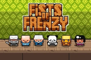 Sex pixlade figurer står på en rad mot en grönmönstrad bakgrund med texten FISTS OF FRENZY ovanför dem