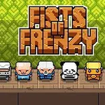 Sex pixlade figurer står på en rad mot en grönmönstrad bakgrund med texten FISTS OF FRENZY ovanför dem