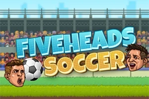 Texten Fiveheads Soccer i stora färgglada bokstäver med tecknade fotbollsspelare bredvid en fotboll och en läktare i bakgrunden