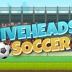 Texten Fiveheads Soccer i stora färgglada bokstäver med tecknade fotbollsspelare bredvid en fotboll och en läktare i bakgrunden