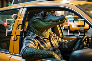 En antropomorf alligator i rutig skjorta och solglasögon kör en gul taxi i staden