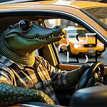 En antropomorf alligator i rutig skjorta och solglasögon kör en gul taxi i staden