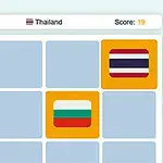 Ett spelbräde med färgade flaggor inuti rutor, en flagga från Thailand visas i övre delen med text som indikerar nivå och poäng