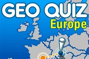 Texten GEO QUIZ Europe mot en karta över Europa med en markeringssymbol placerad på kartan