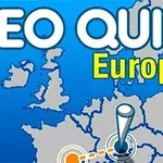 Texten GEO QUIZ Europe mot en karta över Europa med en markeringssymbol placerad på kartan