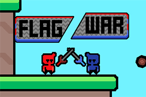 Två pixlade figurer, en röd och en blå, strider med svärd under texten FLAG WAR på en plattform mot en ljusblå bakgrund