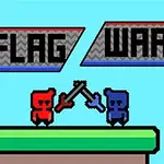 Två pixlade figurer, en röd och en blå, strider med svärd under texten FLAG WAR på en plattform mot en ljusblå bakgrund