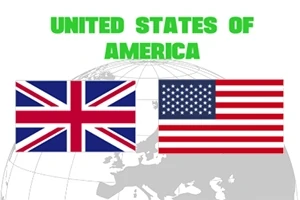 Två flaggor, den brittiska flaggan till vänster och den amerikanska flaggan till höger, med texten United States of America ovanför och en jordglob i bakgrunden