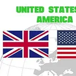 Två flaggor, den brittiska flaggan till vänster och den amerikanska flaggan till höger, med texten United States of America ovanför och en jordglob i bakgrunden