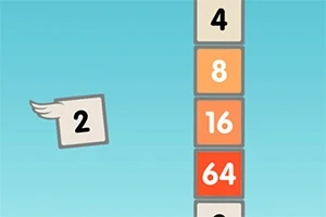Flappy 2048 En flygande bricka med siffran 2 nÀrmar sig en stapel av brickor med siffrorna 4, 8, 16, 64 och 2 mot en blÄ bakgrund