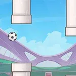 En tecknad fotboll svävar mellan stora rör mot bakgrund av en futuristisk stadion med blå himmel och moln