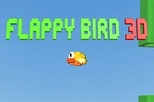 En pixelerad fågel flyger mot gröna rör med texten FLAPPY BIRD 3D ovanför på en blå himmel