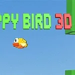 En pixelerad fågel flyger mot gröna rör med texten FLAPPY BIRD 3D ovanför på en blå himmel