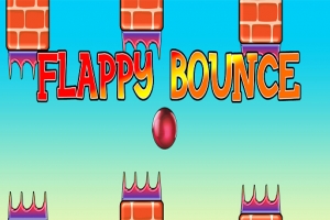 Texten FLAPPY BOUNCE i färgglada bokstäver mot en bakgrund med murstensmönster och en röd boll i mitten