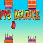 Texten FLAPPY BOUNCE i färgglada bokstäver mot en bakgrund med murstensmönster och en röd boll i mitten