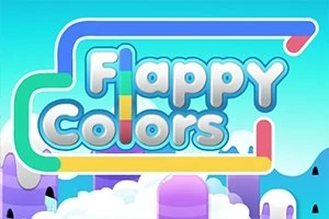 Färgglad tecknad bakgrund med texten Flappy Colors och himmel, moln och rundade berg i bakgrunden
