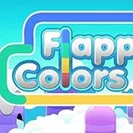 Färgglad tecknad bakgrund med texten Flappy Colors och himmel, moln och rundade berg i bakgrunden