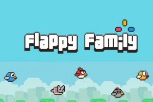 Flera animerade fåglar och en kattfigur flyger mot en blå himmel, med texten Flappy Family ovanför