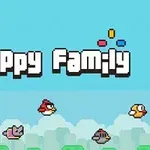 Flera animerade fåglar och en kattfigur flyger mot en blå himmel, med texten Flappy Family ovanför