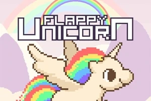 En pixlad enhörning med regnbågsman flyger framför en regnbåge och rosa moln, med texten Flappy Unicorn