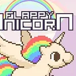 En pixlad enhörning med regnbågsman flyger framför en regnbåge och rosa moln, med texten Flappy Unicorn