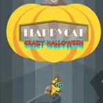 En tecknad katt med hatt svävar under en stor, gul ballong formad som en pumpa med texten Happycat Crazy Halloween