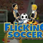 Tecknade figurer i fotbollsuniformer står mittemot varandra med en fotboll mellan dem och texten Flicking Soccer under
