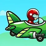 Tecknad figur i en grön flygande propellerplan med blå himmel och gröna kullar i bakgrunden