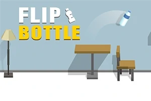 Texten FLIP BOTTLE i vitt och gult bredvid en tecknad flaska som snurrar över ett bord och en stol i ett rum med en golvlampa